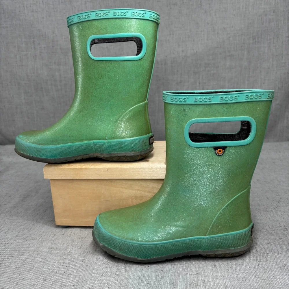 Bogs Skipper Glitter Green‎ Waterproof Rain Boots Pull On Outdoors Kids Size 13